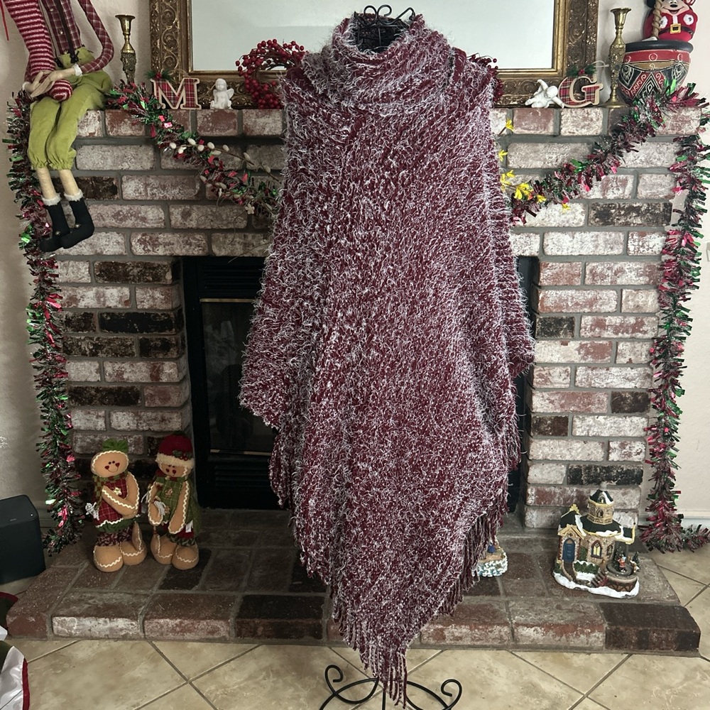Riah Fashion Burgundy And White Color Mix Turtleneck Fuzzy Knit Poncho